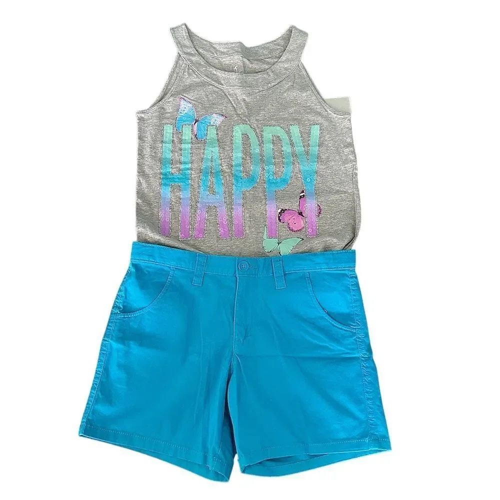 Justice Gray HAPPY Sequin Butterfly Tank Top & Matching Aqua Blue Shorts 16/18